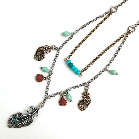 🎉HP🎉 LUCKY BRAND Faux Turquoise Silver Tone Feather Charm Necklace 18" NEW! - Picture 1 of 13